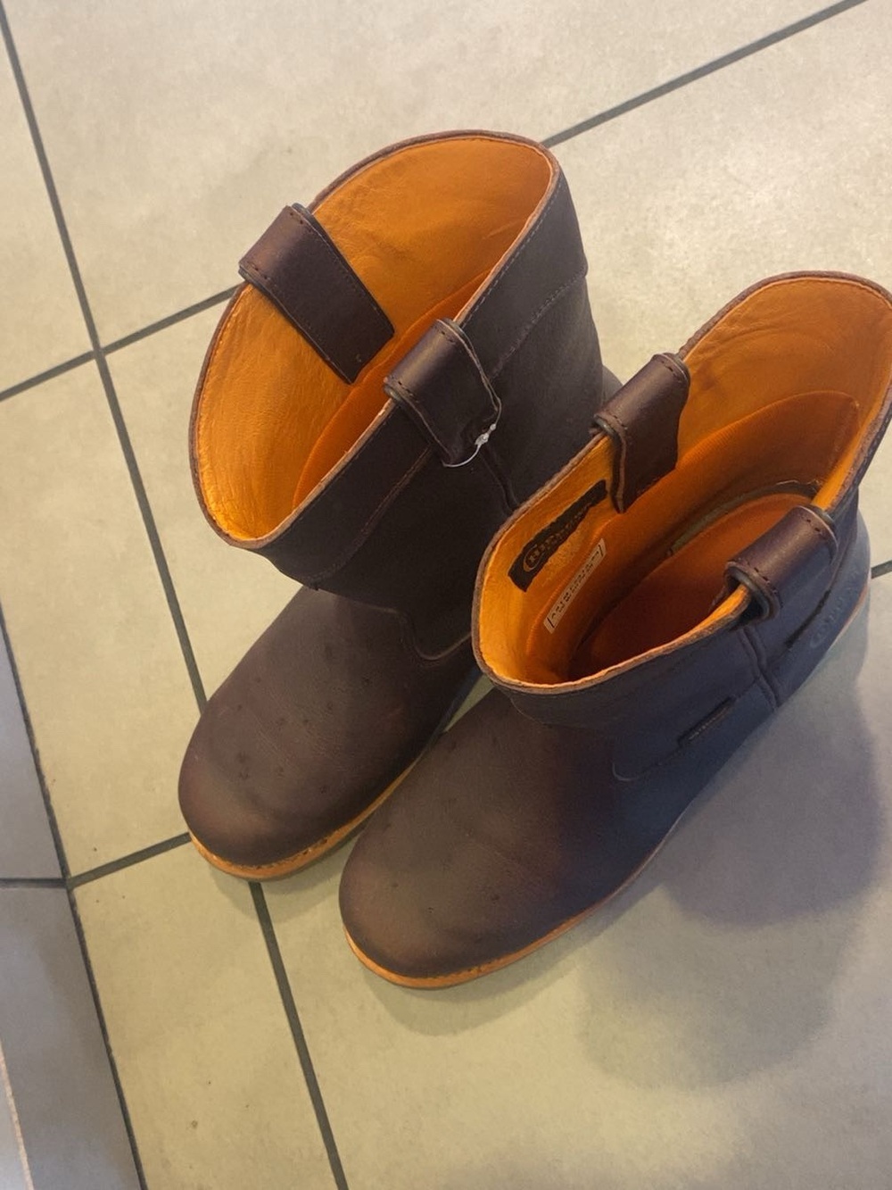 Chippewa Brown Leather Work Boots with Orange Liner